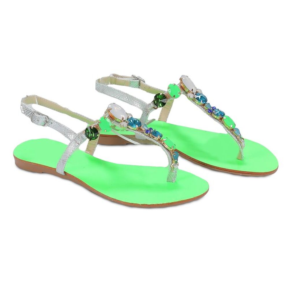 Ventutto Rio Bright Green Silver Crystal Cluster T Strap Sandal
